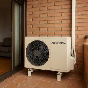 unidad exterior de aerotermia instalada en un piso